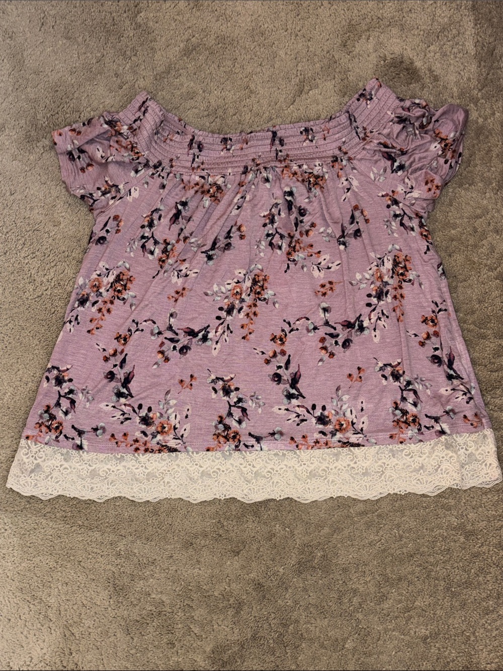 Xhilaration Lavender Floral Off-Shoulder Tunic with White Lace Hem